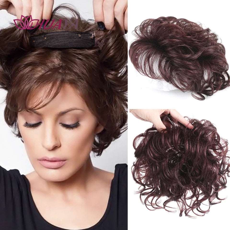 Elegant Curly Invisible Hair Toupee with Gradient Bangs - Serene Glow Care